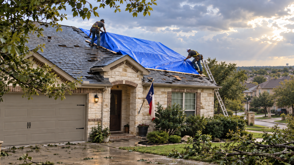 Two men performing emergency tarping on a home from a storm.